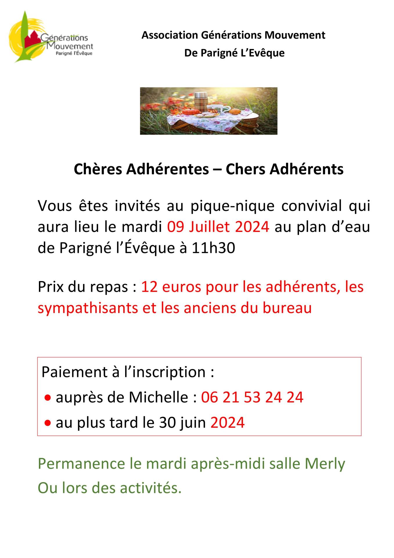 Invitation pique nique du 09 juillet 2024
